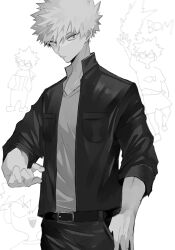1boy arm_up bakugou_katsuki belt belt_buckle boku_no_hero_academia breast_pocket buckle closed_mouth collared_jacket commentary_request cowboy_shot explosion hand_in_pocket highres jacket looking_to_the_side male_focus neminemisho open_clothes open_jacket pants pocket popped_collar shirt short_hair short_sleeves shorts sideways_glance solo v-neck white_background