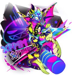 Rule 34 | blue hair, blue sclera, colored sclera, dragon, dragon village (series), dragon village collection, game cg, hat, headphones, headphones around neck, jacket, no humans, official art, pink eyes, pixelated, ranky (dragon village), short hair, star-shaped pupils, star (symbol), symbol-shaped pupils, third-party source, tongue, tongue out, toy hammer, transparent background