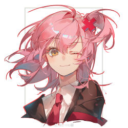 1girl armband black_jacket blazer closed_mouth collared_jacket collared_shirt cropped_torso eyelashes floating_hair hair_between_eyes hair_ornament happy highres hinamori_amu jacket lapels long_hair necktie notched_lapels one_eye_closed one_side_up pink_hair red_armband red_necktie school_uniform seiyo_academy_school_uniform shirt shugo_chara! smile solo watermark weibo_watermark white_background white_shirt x_hair_ornament yellow_eyes z-ho