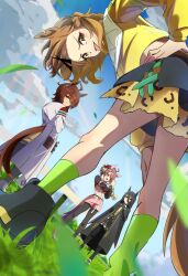 4girls :d agnes_tachyon_(umamusume) ahoge animal_ears black_boots black_coat black_gloves black_hair black_pantyhose black_skirt boots breasts brown_eyes brown_hair coat dantsu_flame_(umamusume) dutch_angle ear_covers earrings from_below gloves green_socks hair_between_eyes highres horse_ears horse_girl horse_tail jacket jewelry jungle_pocket_(umamusume) lab_coat large_breasts long_bangs long_hair long_sleeves looking_at_viewer manhattan_cafe_(umamusume) midriff mochiyukimi21 multicolored_shoes multiple_girls navel necktie notched_ear open_mouth pantyhose pantyhose_under_shorts pink_shoes pink_shorts pleated_skirt ponytail red_eyes shoes short_hair shorts single_earring skirt sleeves_past_fingers sleeves_past_wrists smile socks sweater tail test_tube two-tone_shoes umamusume umamusume:_beginning_of_a_new_era uwabaki white_boots white_hair white_shoes yellow_eyes yellow_jacket yellow_necktie yellow_sweater