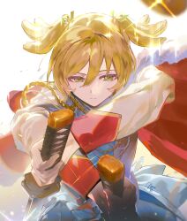 1girl agyou_sonokou_l backlighting blonde_hair closed_mouth daiba_nana dual_wielding expressionless eyelashes fur_trim green_eyes green_ribbon hair_between_eyes hair_ribbon half-closed_eyes highres holding holding_sword holding_weapon jacket light_particles long_sleeves looking_at_viewer ribbon serious short_hair short_twintails shoujo_kageki_revue_starlight simple_background skirt solo sparkle sword twintails upper_body weapon white_background