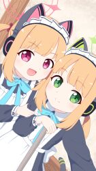 Rule 34 | 2girls, :d, animal ear headphones, animal ears, apron, aqua bow, aqua bowtie, black dress, blonde hair, blue archive, blunt bangs, blush, bow, bowtie, cat ear headphones, cat ears, cat tail, closed mouth, collared dress, commentary request, contrast collar, dress, dutch angle, fake animal ears, fake tail, frilled apron, frills, grabbing another&#039;s arm, green eyes, green halo, hair bow, halo, hand on another&#039;s arm, headphones, highres, holding, indoors, long sleeves, looking at viewer, maid, maid apron, maid headdress, medium hair, midori (blue archive), midori (maid) (blue archive), mitoramimimi, momoi (blue archive), momoi (maid) (blue archive), multiple girls, official alternate costume, official alternate hairstyle, open mouth, outstretched arm, pink eyes, pink halo, puffy long sleeves, puffy sleeves, red bow, siblings, sidelocks, sisters, smile, split mouth, tail, tareme, twins, twintails, upper body, white apron, white bow, white headdress