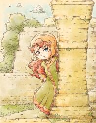 1girl 4ma4ma5ma :o blue_eyes bonnet brown_bonnet cloud commentary_request curly_hair dragon_quest dragon_quest_vii dress hand_on_own_hip hatching_(texture) looking_at_viewer maribel_(dq7) moss open_mouth orange_hair peeking_out ruins solo