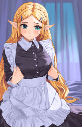 1girl absurdres alternate_costume apron aqua_eyes black_dress blonde_hair braid breasts closed_mouth commentary crown_braid dress elfe_art enmaided facing_viewer highres light_blush long_hair long_sleeves maid maid_apron medium_breasts nintendo pointy_ears princess_zelda solo the_legend_of_zelda the_legend_of_zelda:_breath_of_the_wild waist_apron white_apron