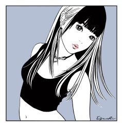 Rule 34 | 1girl, bare shoulders, blue background, blunt bangs, border, breasts, closed mouth, crop top, eguchi hisashi, eyelashes, heart, heart necklace, highres, jewelry, lips, long hair, looking at viewer, medium breasts, midriff, navel, necklace, original, partially colored, pink lips, signature, simple background, solo, thick lips, upper body, white border