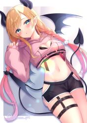 Rule 34 | 1girl, black bra, black shorts, blonde hair, blue eyes, bra, breasts, cleavage, cleavage cutout, clothing cutout, cropped shirt, demon girl, demon horns, demon tail, demon wings, heart cutout, highres, hololive, hood, hood down, hoodie, horns, long hair, navel, pink hoodie, pointy ears, shirokumo chromu, shorts, simple background, solo, tail, twitter username, underwear, virtual youtuber, white background, wings, yuzuki choco, yuzuki choco (roomwear)