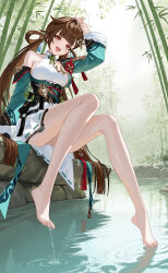1girl :d absurdres bamboo bamboo_forest bare_shoulders barefoot breasts brown_eyes brown_hair china_dress chinese_clothes dress forest full_body green_sleeves highres honkai_(series) honkai_impact_3rd li_sushang li_sushang_(peregrine_sword) lomiracle long_hair looking_at_viewer medium_breasts nature open_mouth outdoors sitting smile solo toenails toes very_long_hair wading water