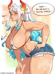 1girl bikini bikini_top_only breasts cheekie earrings hand_on_own_hip highres horns jewelry large_breasts muscular muscular_female one_piece shiny_skin solo standing swimsuit thighs yamato_(one_piece)