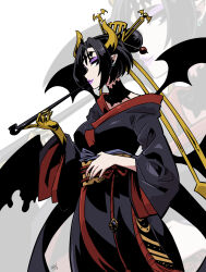 Rule 34 | 1girl, alternate costume, black hair, black kimono, black lips, breasts, cowboy shot, demon girl, demon horns, digimon, hair bun, highres, holding, holding smoking pipe, horns, japanese clothes, kimono, kukuruyo, large breasts, lilithmon, multiple wings, pointy ears, purple eyes, purple lips, simple background, smoking pipe, solo focus, white background, wings, zoom layer