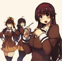 3girls alternate_hair_color bespectacled black_legwear blush breasts curvy unworn_eyewear glasses hairband hand_on_own_hip huge_breasts kiribayashi_azumi long_hair looking_at_viewer medium_breasts mil_(xration) mitsurugi_ryouko multiple_girls open_mouth pantyhose pleated_skirt real_bout_high_school school_uniform simple_background skirt smile sparkle thighhighs wide_hips yuuki_hitomi