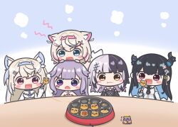 5girls absurdres animal_ears asymmetrical_horns bandaid bandaid_hair_ornament bare_shoulders black_hair blonde_hair blue_eyes blue_hair blunt_bangs blush_stickers chopsticks demon_horns dog_ears dog_girl dog_tail eating fang fangs food fuwawa_abyssgard fuwawa_abyssgard_(1st_costume) hair_ornament hairband hairclip highres holoadvent hololive hololive_english horns jewel_under_eye koseki_bijou koseki_bijou_(1st_costume) long_hair mococo_abyssgard mococo_abyssgard_(1st_costume) mole mole_under_eye mpien multicolored_hair multiple_girls nerissa_ravencroft nerissa_ravencroft_(1st_costume) o_o open_mouth orange_eyes pink_eyes pink_hair purple_eyes purple_hair red_eyes shiori_novella shiori_novella_(1st_costume) siblings sisters skin_fangs smile streaked_hair tail takodachi_(ninomae_ina&#039;nis) takoyaki twins virtual_youtuber white_hair