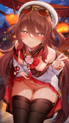 1girl absurdres blush breasts brown_hair censored chinese_clothes closed_mouth clothes_lift dress dress_lift eyewear_on_head flower-shaped_pupils genshin_impact gluteal_fold hair_between_eyes hat highres hu_tao_(cherries_snow-laden)_(genshin_impact) hu_tao_(genshin_impact) jewelry lifting_own_clothes long_hair long_sleeves looking_at_viewer m-da_s-tarou navel official_alternate_costume panties pussy red_eyes ring round_eyewear small_breasts smile solo sunglasses symbol-shaped_pupils thigh_gap thighhighs thighs twintails underwear v