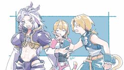 1girl 2boys abs artist_name bare_shoulders blonde_hair blue_pants blue_vest blue_wrist_cuffs closed_eyes cropped_jacket cropped_vest feather_hair_ornament feathers final_fantasy final_fantasy_ix furrowed_brow gold_trim grey_hair hair_ornament jacket kuja long_hair low_ponytail michibata_65 midriff mikoto_(ff9) monkey_tail multiple_boys open_mouth pants parted_bangs parted_lips pink_jacket pointing ponytail puffy_short_sleeves puffy_sleeves purple_jacket shirt short_hair short_sleeves sleeveless sleeveless_shirt tail upper_body vest white_shirt wide_sleeves wrist_cuffs zidane_tribal
