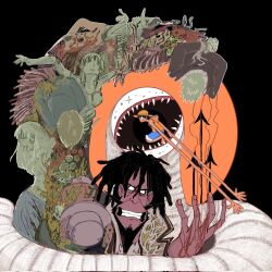 2girls 6+boys arrow_(projectile) baron_omatsuri black_background black_hair blonde_hair blood blood_on_hands blue_shorts clenched_teeth dreadlocks empty_eyes gomu_dakaraa green_hair hat highres horror_(theme) lily_carnation monkey_d._luffy monster multiple_boys multiple_girls nami_(one_piece) nico_robin no_mouth one_piece one_piece:_baron_omatsuri_and_the_secret_island open_mouth orange_shirt roronoa_zoro sanji_(one_piece) scar scar_on_face sharp_teeth shirt short_hair shorts squatting straw_hat symbolism teeth tony_tony_chopper usopp