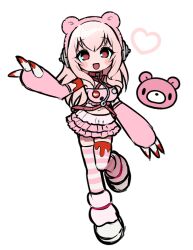 Rule 34 | 1girl, :d, animal ears, bare shoulders, bear ears, blood, blood on clothes, breasts, choker, claws, crop top, frilled skirt, frills, full body, gloomy bear, gloves, grg x super sonico, headband, jjjjtaaaku, long hair, looking at viewer, navel, nitroplus, open mouth, pink gloves, pink hair, pink headband, pink shirt, pink skirt, pink thighhighs, red choker, red eyes, shirt, simple background, skirt, smile, solo, standing, striped clothes, striped thighhighs, super sonico, thighhighs, white background, white footwear