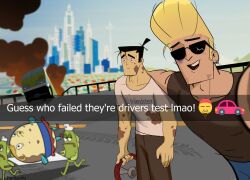 4boys accident black_hair black_pants black_shirt blonde_hair blue_pants blurry blurry_background character_request copyright_request crossover earrings jewelry johnny_bravo johnny_bravo_(series) mrs._puff multiple_boys mystery_machine outdoors pants philtomato pompadour samurai_jack samurai_jack_(character) scooby-doo selfie shirt spongebob_squarepants_(series) standing steering_wheel sunglasses white_shirt