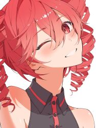 Rule 34 | 1girl, bare shoulders, blush, buttons, closed eyes, collarbone, collared shirt, drill hair, grin, hair between eyes, hashtag-only commentary, head tilt, hedaruma369, highres, kasane teto, kasane teto (utau), looking at viewer, one eye closed, red eyes, red hair, shirt, simple background, smile, solo, transparent background, twin drills, upper body, utau