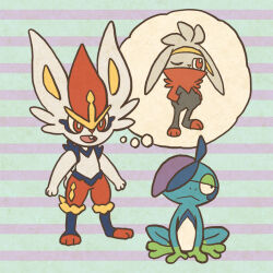 :&lt; bright_pupils cinderace closed_mouth commentary_request drizzile full_body gen_8_pokemon half-closed_eyes hands_in_pockets imagining mojacookie nintendo official_art one_eye_closed open_mouth orange_eyes pokemon pokemon_(anime) pokemon_(creature) pokemon_focus pokemon_journeys raboot second-party_source smile speech_bubble standing striped_background thought_bubble white_pupils