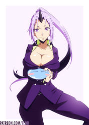 1girl 1other black_horns blush blush_stickers breasts cleavage collarbone commentary_request creature flou_(flou_art) highres horn horns large_breasts long_hair looking_at_viewer office_lady oni oni_girl oni_horn oni_horns ponytail purple_eyes purple_hair rimuru_tempest shion_(tensura) single_horn smile tensei_shitara_slime_datta_ken very_long_hair