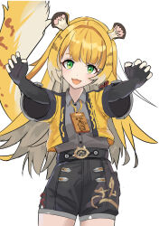 1girl animal_ears black_gloves black_shorts blonde_hair cropped_jacket fingerless_gloves gachiz_sun gloves highres jacket ju_fufu long_hair multicolored_hair shorts smile solo tail tiger_ears tiger_girl tiger_tail two-tone_hair white_hair yellow_jacket zenless_zone_zero