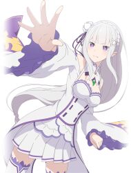 1girl bare_shoulders blue_pupils blunt_bangs boots braid breasts cleavage clenched_hand closed_mouth crown_braid dress elf emilia_(re:zero) flower gem green_gemstone grey_hair hair_flower hair_ornament hair_ribbon high-low_dress light_blush long_hair long_sleeves looking_ahead medium_breasts off-shoulder_dress off_shoulder official_art outstretched_arm outstretched_hand pleated_dress pointy_ears purple_eyes purple_ribbon re:zero_kara_hajimeru_isekai_seikatsu re:zero_kara_hajimeru_isekai_seikatsu_witch&#039;s_re:surrection ribbon serious sidelocks simple_background solo thigh_boots thighhighs transparent_background v-shaped_eyebrows white_boots white_dress white_flower wide_sleeves x_hair_ornament zettai_ryouiki