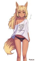 1girl :3 absurdres animal_ears black_hair black_panties blonde_hair dark-skinned_female dark_skin flat_chest highres inanna_(vtuber) indie_virtual_youtuber jackal_ears jackal_girl jackal_tail kurohi_drw long_hair looking_at_viewer meme multicolored_hair my_body_is_a_machine_(meme) no_pants off_shoulder panties petite shirt short_sleeves simple_background smile smug twitter_username two-tone_hair underwear virtual_youtuber white_background white_shirt yellow_eyes