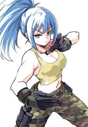 1girl arm_pouch bare_shoulders blue_eyes blue_hair breasts camouflage camouflage_pants cargo_pants crop_top dog_tags earrings gloves highres ikaringo_(ikaringo4444) jewelry leona_heidern midriff military navel pants ponytail soldier tank_top the_king_of_fighters the_king_of_fighters_xv toned triangle_earrings yellow_tank_top