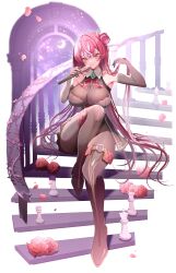 1girl absurdres bare_shoulders bishop_(chess) blush bodystocking breasts chess_piece fishnet_bodystocking fishnets flower hair_bun hand_fan heterochromia highres hinoki_kahun0 holding holding_fan hololive houshou_marine huge_breasts king_(chess) knight_(chess) long_hair looking_at_viewer multicolored_hair parted_lips pawn_(chess) pink_petals queen_(chess) red_eyes red_flower red_hair red_rose rook_(chess) rose sitting sitting_on_stairs smile solo stairs streaked_hair two-tone_hair very_long_hair virtual_youtuber white_hair yellow_eyes