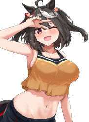 1girl ;d absurdres ahoge animal_ears blush breasts commentary_request crop_top gryebooks highres horse_ears horse_girl horse_tail kitasan_black_(umamusume) large_breasts midriff multicolored_hair navel one_eye_closed open_mouth red_eyes short_hair simple_background smile solo streaked_hair sweat tail umamusume v white_background white_hair