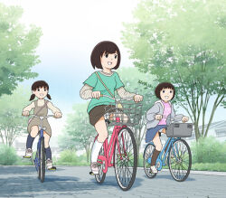 3girls bicycle bicycle_basket blue_skirt brown_hair brown_skirt day dress green_shirt grey_dress grey_jacket jacket kiyo_(kyokyo1220) low_twintails multiple_girls open_mouth original outdoors panties pinafore_dress pink_shirt riding riding_bicycle shirt short_hair skirt sleeveless sleeveless_dress smile t-shirt tree twintails underwear white_panties