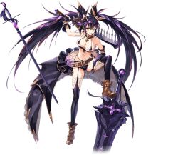 1girl arm_up artist_request bandages belt black_bra black_panties boots bra breasts collar full_body game_cg garter_straps green_eyes highres holding holding_sword holding_weapon multiple_swords navel official_art panties ponina_(unitia) purple_hair solo source_request spikes sword third-party_source transparent_background twintails underwear unitia weapon