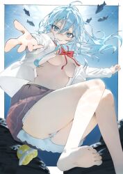 1girl antenna_hair barefoot black_skirt blue_eyes blue_hair bow bowtie closed_mouth denpa_onna_to_seishun_otoko fish floating_hair long_hair looking_at_viewer mi8pq open_clothes open_shirt panties red_bow red_bowtie school_uniform shirt skirt solo touwa_erio underwear white_panties white_shirt