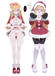 1girl absurdres bell black_mittens black_pantyhose blonde_hair blue_eyes boots bra breasts breath capelet censored christmas cleavage closed_mouth clothes_lift dress dress_lift earmuffs eonsang fingernails front-tie_bra girls&#039;_frontline gluteal_fold hair_between_eyes hat hat_ornament heart heart_censor highres korean_text large_breasts lingerie long_hair looking_at_viewer mittens open_mouth panties pantyhose pussy_juice red_capelet red_dress red_footwear santa_hat side-tie_panties skindentation smile solid_eyes speech_bubble spoken_heart suomi_(girls&#039;_frontline) teeth thigh_boots tongue translation_request twitter_username underwear upper_teeth_only white_bra white_footwear