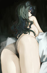 1girl absurdres animal_ears ass ass_focus backboob bear_ears bear_girl black_panties breasts brown_hair from_behind fujikura_uruka highres large_breasts long_hair looking_at_viewer looking_back naokomama panties phase_connect purple_hair purple_streaks solo topless_female underwear virtual_youtuber wavy_hair