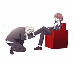 2girls absurdres black_gloves black_jacket black_pants blue_eyes blue_haori closed_eyes closed_mouth collared_shirt commentary_request girls_band_cry gloves grey_hair habsida_(habsida_hpy) haori highres iseri_nina jacket japanese_clothes kawaragi_momoka kissing_shoe kneeling loafers long_hair long_sleeves multiple_girls pants red_hair shirt shoes short_twintails simple_background socks twintails white_background white_shirt white_socks