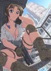 1girl :&lt; bandaid blue_eyes blush boots breasts brown_hair cleavage converse day digital_media_player dutch_angle female_focus flashlight foreshortening from_below gloves gun handgun hase_yu head_rest headphones headphones_around_neck highres ipod knee_pads medium_breasts no_bra open_clothes open_shirt original overgrown pistol plaid_clothes plaid_skirt post-apocalypse railing ruins shirt short_hair sig_p220/p226 sig_sauer sitting sitting_on_stairs skirt sky solo spread_legs stairs thighs trigger_discipline weapon