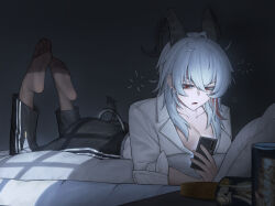 1girl absurdres ass bed black_horns black_pants black_tail breasts can cellphone chinese_commentary collarbone collared_shirt commentary_request curled_horns demon_tail drink_can drooling feet grey_hair hair_between_eyes highres holding holding_phone horns large_breasts long_hair looking_at_phone lying mole mole_on_breast multicolored_hair no_shoes on_bed on_stomach paid_reward_available pants phone red_eyes sa-baaa shirt smartphone soles solo squeans streaked_hair tail the_pose toes white_shirt wuthering_waves zani_(wuthering_waves)