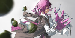 1girl aoto_rei arm_up black_jacket bomb breasts chest_harness collared_shirt explosive eyewear_on_head frilled_sleeves frills glasses gloves grenade grenade_pin hair_between_eyes harness highres honkai:_star_rail honkai_(series) jacket kafka_(honkai:_star_rail) large_breasts long_hair long_sleeves looking_at_viewer open_clothes open_jacket pince-nez purple_eyes purple_gloves purple_hair shirt simple_background smile solo spider_web_print upper_body white_shirt