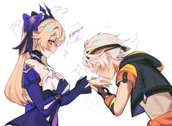 Rule 34 | 1boy, 1girl, ?, ??, absurdres, alternate costume, armpit crease, bennett (adventures in blazing hue) (genshin impact), bennett (genshin impact), bishie sparkle, black collar, black gloves, black headband, black hood, black jacket, blonde hair, blush, bow, character name, closed eyes, collar, cropped jacket, detached collar, detached sleeves, dress, embarrassed, eyelashes, facing down, fingerless gloves, fischl (ein immernachtstraum) (genshin impact), fischl (genshin impact), flying sweatdrops, genshin impact, gloves, hair bow, hair ornament, hand on own chest, head down, headband, heart, heart hair ornament, hetero, highres, holding another&#039;s wrist, hood, hood down, hooded jacket, jacket, kiss, kissing hand, long hair, looking at another, memeh, official alternate costume, open mouth, orange sleeves, puffy sleeves, purple bow, purple dress, purple sleeves, red eyes, speech bubble, tsurime, two-tone sleeves, white background, white hair, white undershirt, wrist bow, yellow sleeves