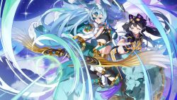 2girls :p animal_ear_fluff animal_ears apollousa_bow_of_the_goddess bare_shoulders bear black_gloves blue_eyes blue_hair bow bow_(weapon) breasts brown_hair cat_mask duel_monster elbow_gloves fake_tail forehead_jewel gloves green_eyes highres i:p_masquerena large_breasts long_hair mask mechanical_tail medium_breasts midriff multicolored_pants multicolored_shirt multiple_girls navel pants purple_pants red_cucumber short_sleeves skirt smile tail tight_clothes tight_pants tongue tongue_out twintails very_long_hair weapon white_skirt yu-gi-oh!