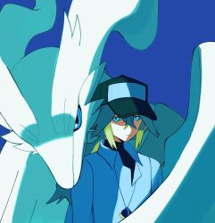 Rule 34 | 1boy, baseball cap, black hat, blue background, blue eyes, closed mouth, collared shirt, gen 5 pokemon, green hair, hair between eyes, hair intakes, hat, highres, jewelry, layered clothes, legendary pokemon, long hair, long sleeves, looking at viewer, looking to the side, low ponytail, male focus, multicolored hat, n (pokemon), necklace, nintendo, open collar, partially shaded face, pokemon, pokemon (creature), pokemon bw, ponytail, reshiram, shirt, sideways glance, simple background, upper body, white shirt, white wings, wings, zero (sleepy meltan)