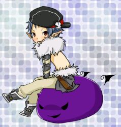 Rule 34 | 1boy, backwards hat, belt, black hat, boots, brown belt, brown eyes, brown pants, cape, commentary request, deviling, full body, fur collar, grey background, grey boots, grey cape, hat, hat ornament, looking at viewer, male focus, meiko (nattu303), newsboy cap, open mouth, pants, pointy ears, ragnarok online, shadow chaser (ragnarok online), short bangs, short hair, shrug (clothing), sitting, skull hat ornament, smile, solo, v-shaped eyebrows, waist cape