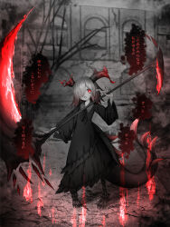 1girl animal_ears bare_tree building dragon_ears dragon_girl dragon_horns dragon_tail dress fingernails frilled_dress frills full_body highres holding holding_scythe horns limited_palette long_dress long_fingernails medium_hair open_mouth original red_eyes red_hair red_streaks ruins sasasa_(nashi) scythe solo speech_bubble spikes tail talons tree