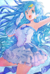 1girl arm_up armpits blue_eyes blue_gloves blue_hair breasts collarbone dress earrings frilled_dress frills gloves hair_ornament hatsuga_(oyayubi_itai2) holding holding_microphone houshou_hanon idol jewelry large_breasts long_hair mermaid_melody_pichi_pichi_pitch microphone necklace official_alternate_costume open_mouth shell shell_necklace smile solo star_(symbol) star_earrings star_hair_ornament strapless strapless_dress