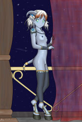 1girl 2013 balcony blonde_hair blue_eyes blue_skin colored_skin curtain_grab curtains draenei female highres hooves horns loli looking_at_viewer multicolored_hair nude pointy_ears pony_(hf) short_hair signature standing streaked_hair tail tentacle_hair warcraft world_of_warcraft year
