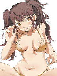 1girl artist_request bikini blush breasts brown_eyes brown_hair cleavage curvy female_focus gold_bikini kujikawa_rise long_hair looking_at_viewer matching_hair/eyes medium_breasts micro_bikini navel persona persona_4 shiny_skin side-tie_bikini_bottom smile solo swimsuit twintails white_background wide_hips