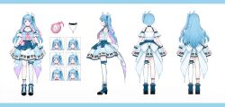 1girl ahoge back_bow black_choker blue_dress blue_footwear blue_hair bow breasts reference_sheet choker clock closed_mouth colored_inner_hair commentary dress english_commentary multiple_expressions full_body gradient_hair jewelry long_hair luzzi_(milllim) multicolored_hair multiple_views necklace official_art one_side_up piano_print pink_hair second-party_source serena_starstruck sidelocks single_thighhigh standing stellarversepro thighhighs virtual_youtuber white_thighhighs