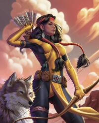 1girl arrow_(projectile) belt_pouch black_bodysuit black_hair bodysuit bow_(weapon) breasts brown_eyes cloud danielle_moonstar day douglas_bicalho earrings feather_earrings feathers gloves highres holding holding_bow_(weapon) holding_weapon jewelry long_hair marvel medium_breasts mirage_(marvel) new_mutants outdoors pouch quiver signature solo superhero_costume two-tone_bodysuit weapon wolf yellow_bodysuit yellow_gloves
