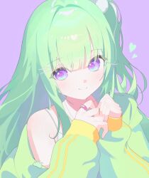 1girl bandaid bandaid_on_finger bare_shoulders closed_mouth green_hair green_jacket hair_ornament hands_up heart highres jacket long_hair looking_at_viewer off_shoulder one_side_up pom_pom_(clothes) pom_pom_hair_ornament purple_background purple_eyes simple_background smile solo spaghetti_strap stellive upper_body virtual_youtuber yuzuha_riko zetto023