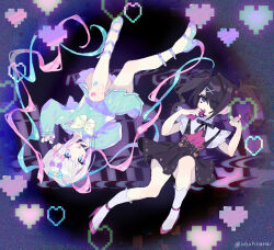 2girls :p ame-chan_(needy_girl_overdose) black_eyes black_hair blue_eyes chouzetsusaikawa_tenshi-chan dual_persona full_body heart highres jirai_kei long_hair looking_at_viewer multicolored_hair multiple_girls needy_girl_overdose oimo_(14sainobba) quad_tails rotational_symmetry school_uniform serafuku smile tongue tongue_out twintails very_long_hair